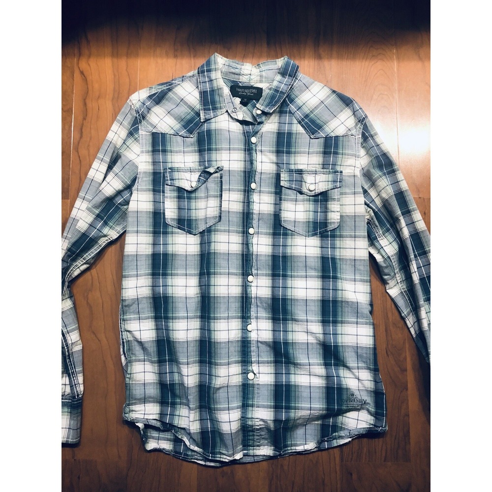 Heritage 1981 Mens Medium Plaid Snap Button Western Shirt Blue White Long Sleeve